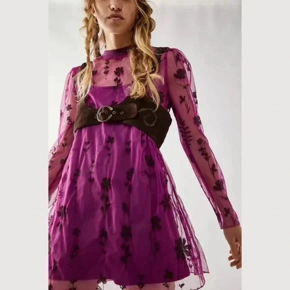 NEW Free People Cecilia Sheer Mini Dress Pink Purple Embroidered Mesh Floral - Picture 4 of 4